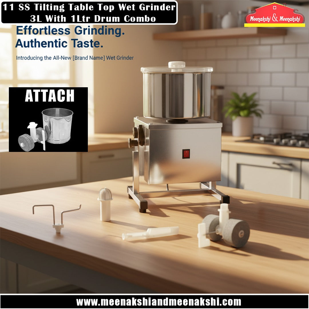 11 SS Tilting Table Top Wet Grinder 3L With 1Ltr Drum Combo