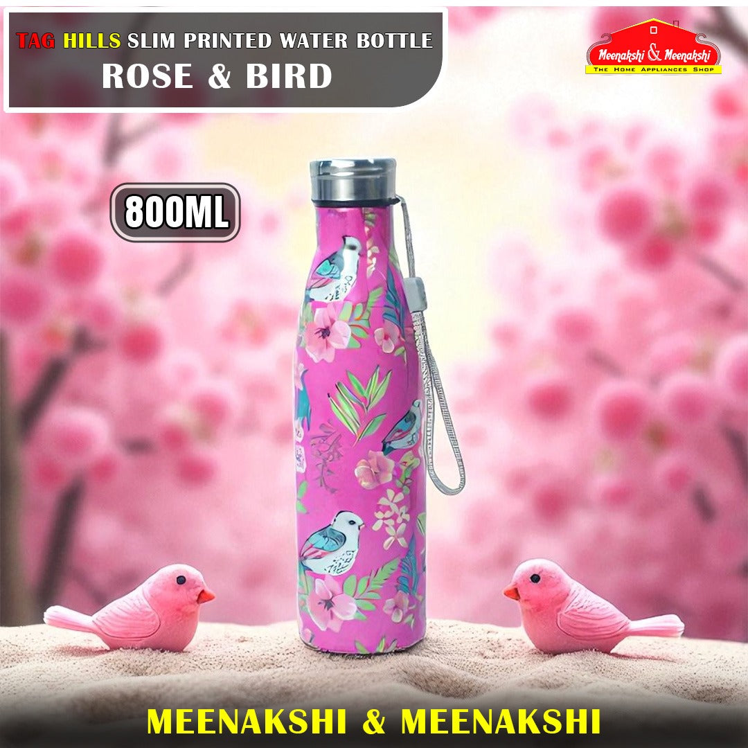 TAG HILLS Slim Printed Water Bottle Rose with Bird 800ml