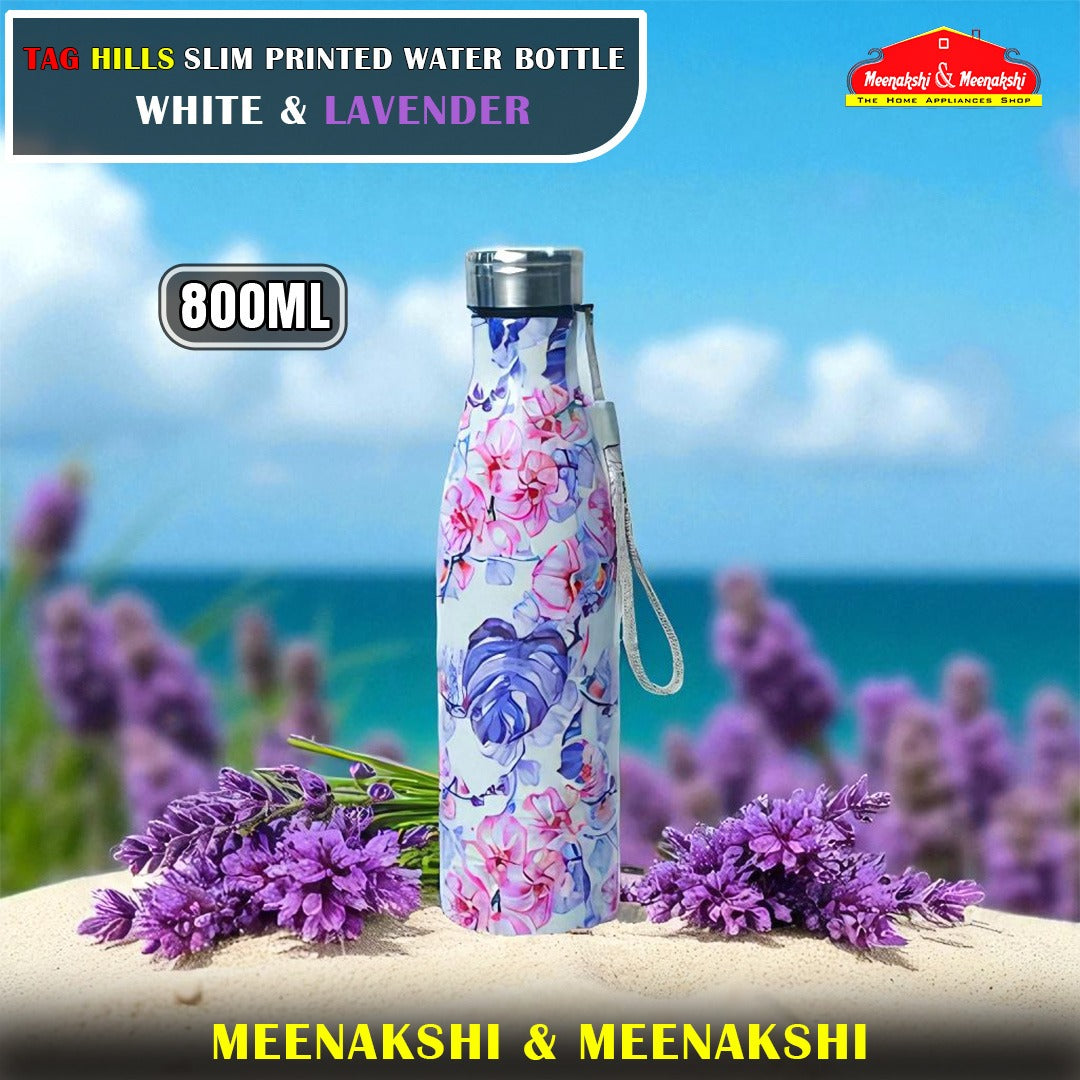 TAG HILLS Slim Printed Water Bottle White with Lavender 800ml