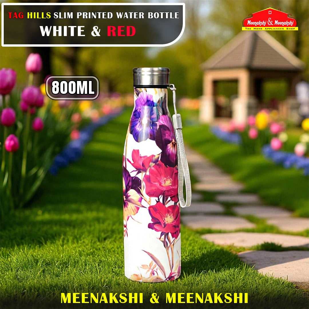 TAG HILLS Slim Printed Water Bottle White with Red 800ml