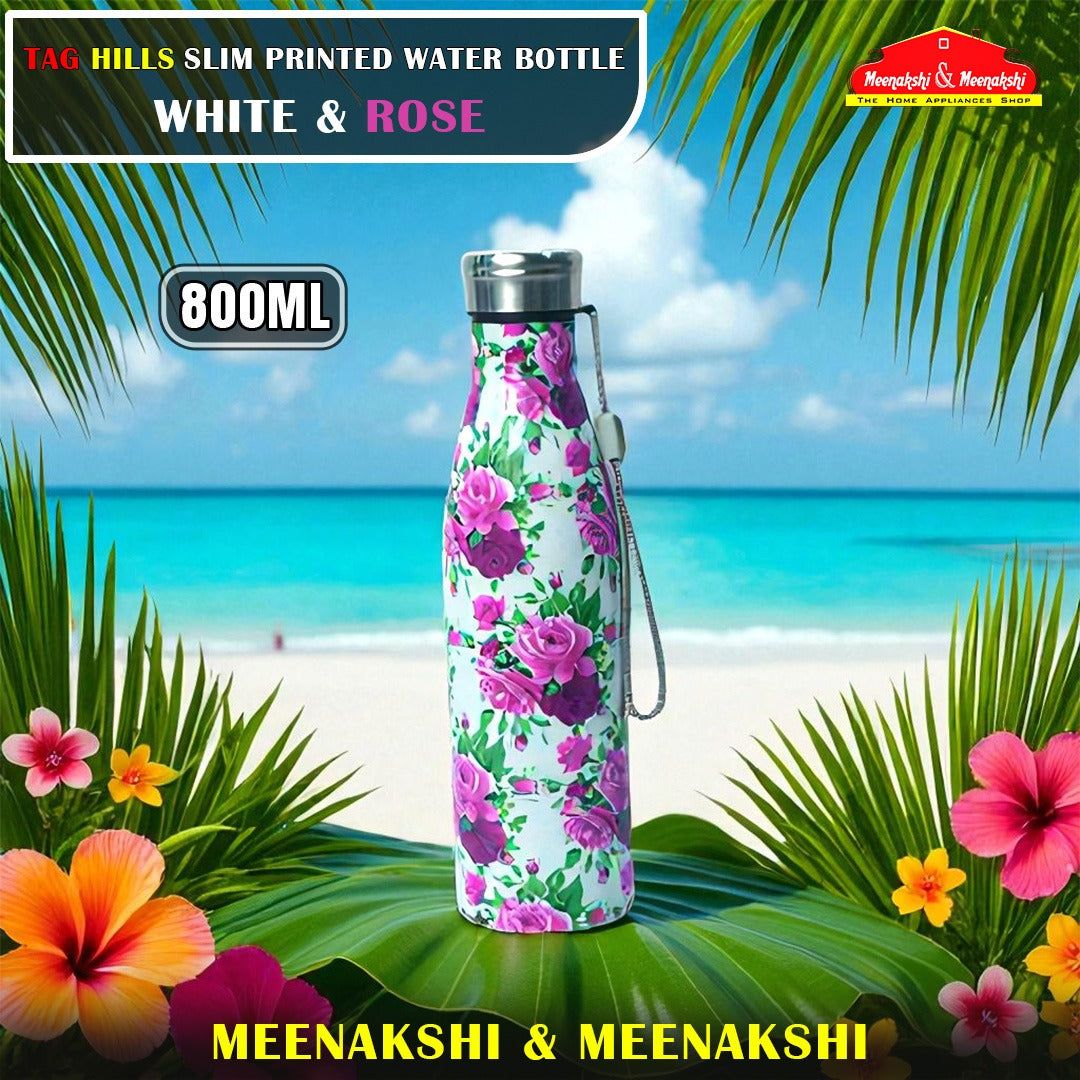 TAG HILLS Slim Printed Water Bottle White with Rose 800ml