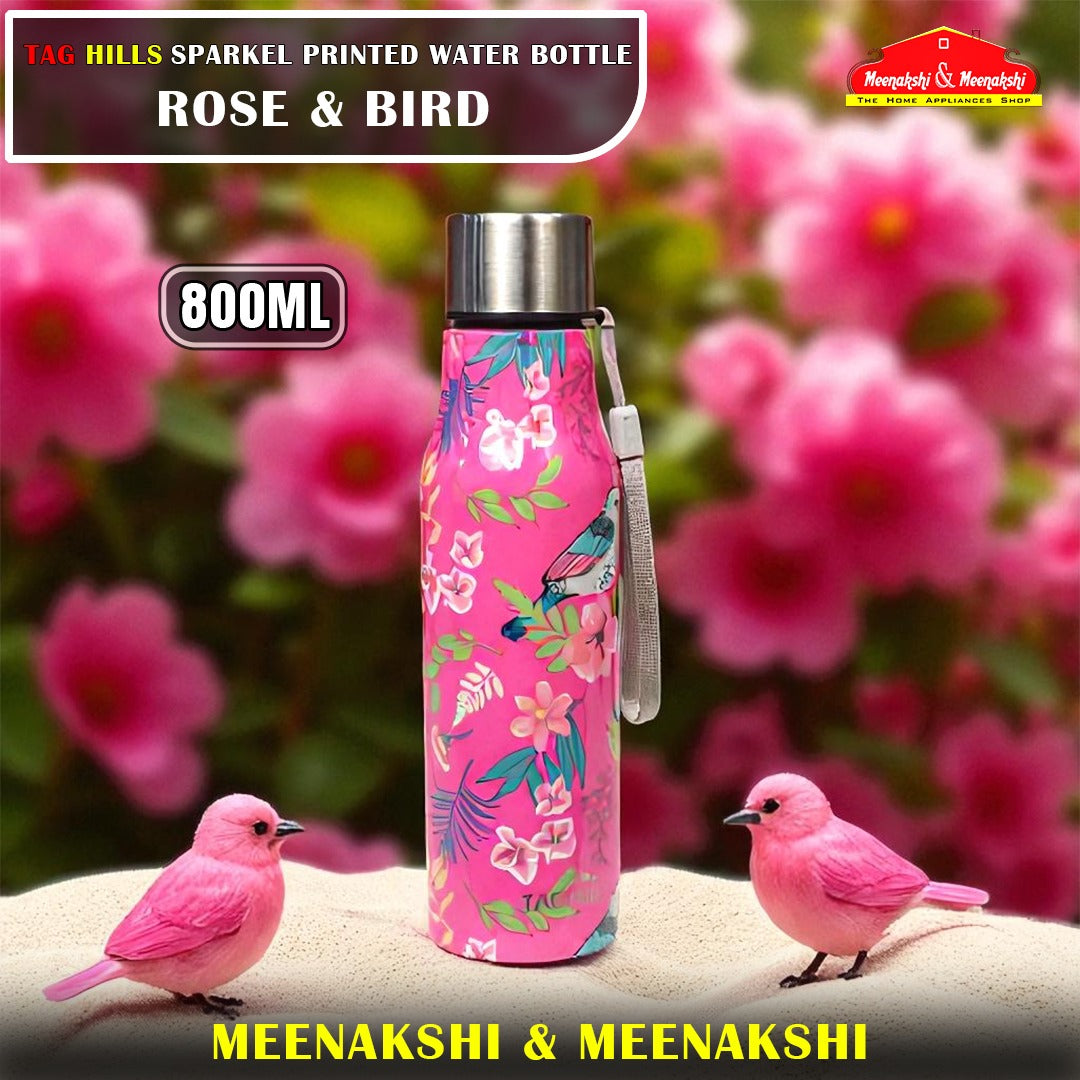 TAG HILLS Sparkle Printed Water Bottle Rose with Bird 800ml 