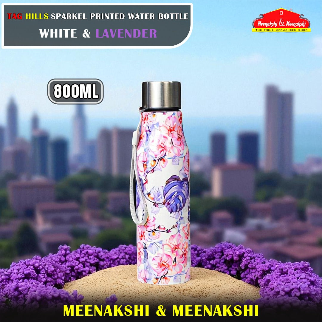 TAG HILLS Sparkle Printed Water Bottle White with Lavender 800ml