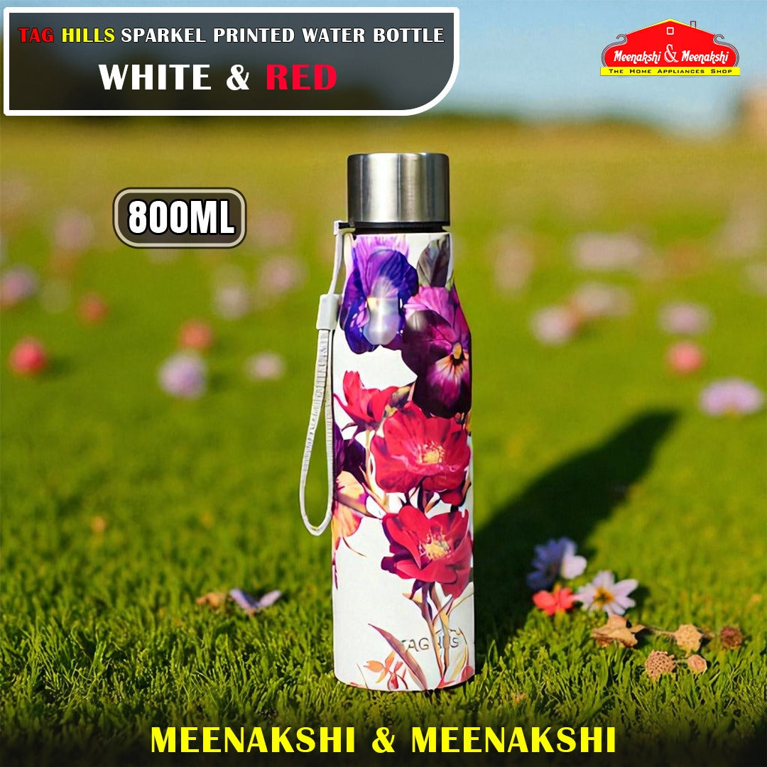 TAG HILLS Sparkle Printed Water Bottle White with Red 800ml