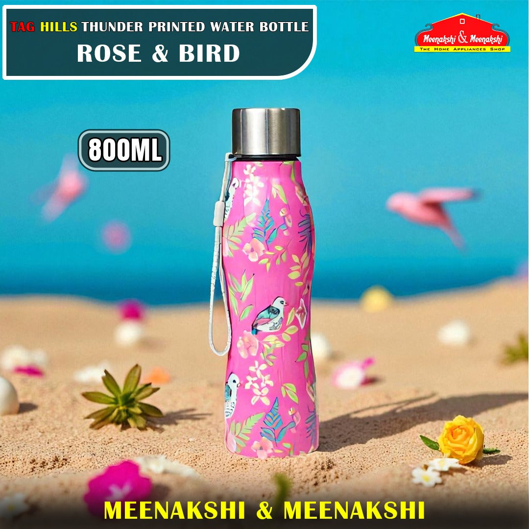 TAG HILLS Thunder Printed Water Bottle Rose with Bird 800ml