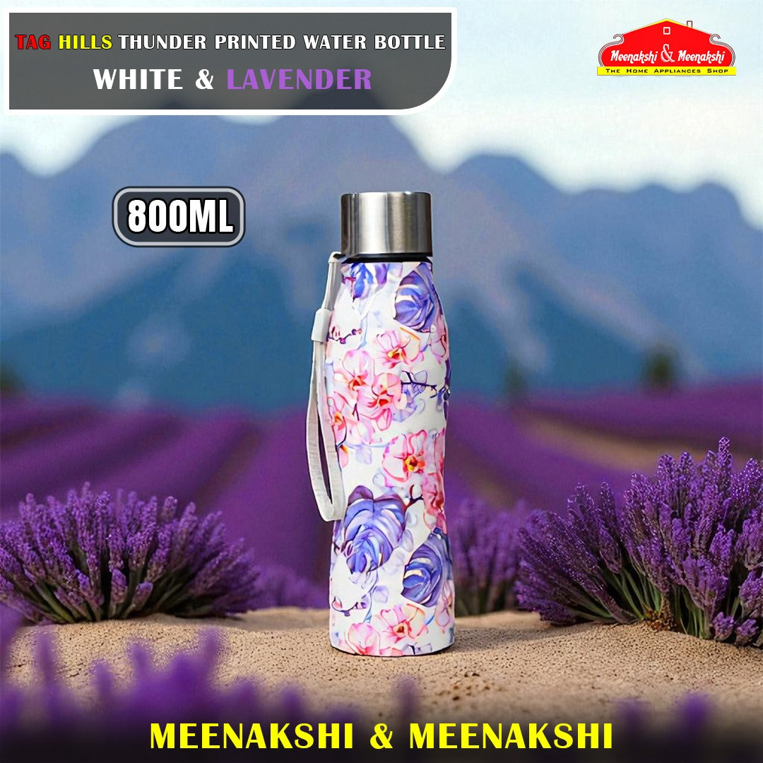 TAG HILLS Thunder Printed Water Bottle White with Lavender 800ml