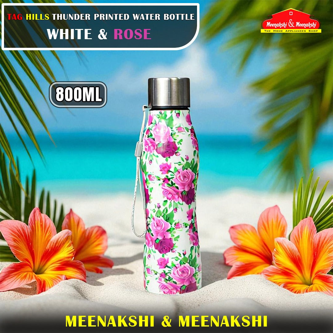 TAG HILLS Thunder Printed Water Bottle White with Rose 800ml